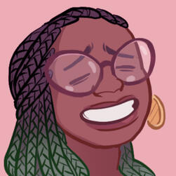 illustrated portrait of a black woman with braids, grimace-smiling